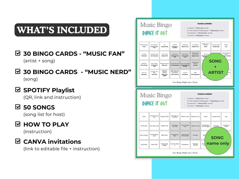 May include: A music-themed bingo game set with two bingo cards, a list of included items, and the text "Music Bingo DANCE IT OUT". The set includes 30 bingo cards, a Spotify playlist, 50 songs, instructions, and Canva invitations.