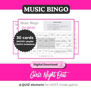 Puede incluir: Una tarjeta de juego "Music Bingo" blanca con un borde rosa, que presenta una cuadr&iacute;cula de t&iacute;tulos de canciones. La tarjeta incluye el texto "Girls Night Out", "30 tarjetas" e "Invitaciones de Spotify playlist Canva". Las palabras "Descarga digital" tambi&eacute;n son visibles.