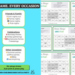 May include: A teal graphic with the text "ONE GAME. EVERY OCCASION" and lists of occasions like "Friends & Family" and "Celebrations." Several bingo cards are displayed, with the text "Music Bingo" and "Dance It Out."