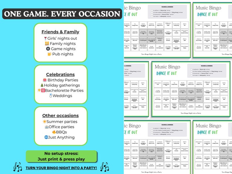 May include: A teal graphic with the text "ONE GAME. EVERY OCCASION" and lists of occasions like "Friends & Family" and "Celebrations." Several bingo cards are displayed, with the text "Music Bingo" and "Dance It Out."