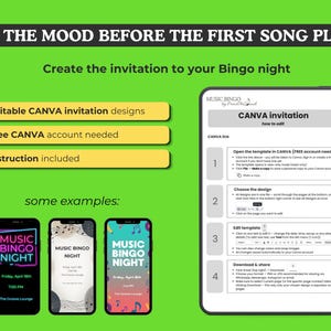Op de afbeelding: Een groene afbeelding die reclame maakt voor Music Bingo-nachtuitnodigingen. De afbeelding bevat een tablet met instructies, drie telefoonvoorbeelden en de tekst: "Zet de stemming voor het eerste nummer." Er staat ook "Bewerkbare CANVA-uitnodigingsontwerpen".