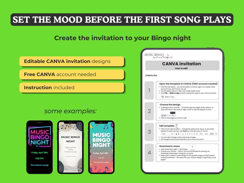 Op de afbeelding: Een groene afbeelding die reclame maakt voor Music Bingo-nachtuitnodigingen. De afbeelding bevat een tablet met instructies, drie telefoonvoorbeelden en de tekst: "Zet de stemming voor het eerste nummer." Er staat ook "Bewerkbare CANVA-uitnodigingsontwerpen".