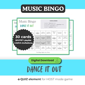 May include: A digital download for Music Bingo, featuring 30 cards. The design includes the text "Music Bingo" and "Dance It Out". The image also includes the text "Spotify playlist" and "Canva invitations".