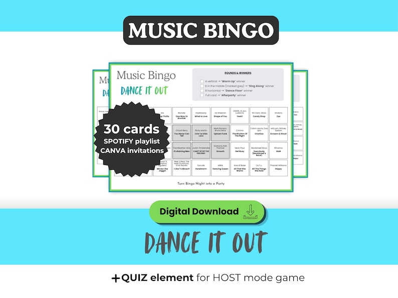 May include: A digital download for Music Bingo, featuring 30 cards. The design includes the text "Music Bingo" and "Dance It Out". The image also includes the text "Spotify playlist" and "Canva invitations".