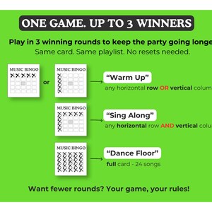 Op de afbeelding: Een groene afbeelding met de tekst "ONE GAME. UP TO 3 WINNERS." en instructies voor een muziekbingospel. De afbeelding toont verschillende winnende rondes: "Warm Up", "Sing Along" en "Dance Floor".