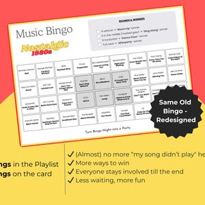 May include: A white Music Bingo card with a red and yellow background. The card features a grid of song titles from the 1980s, with the text "Music Bingo Nostalgic 1980s." The card also includes the text "Same Old Bingo - Redesigned."