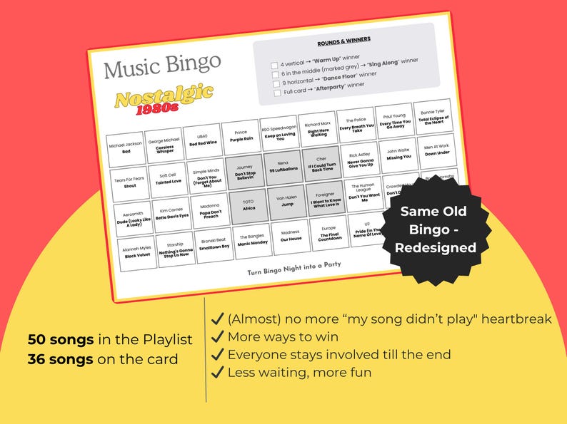 May include: A white Music Bingo card with a red and yellow background. The card features a grid of song titles from the 1980s, with the text "Music Bingo Nostalgic 1980s." The card also includes the text "Same Old Bingo - Redesigned."