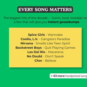 Puede incluir: Fondo verde con el texto "EVERY SONG MATTERS". Un rect&aacute;ngulo amarillo enumera t&iacute;tulos de canciones como "Spice Girls - Wannabe" y "Nirvana - Smells Like Teen Spirit". El texto "+ 43 more handpicked songs" est&aacute; en la parte inferior.