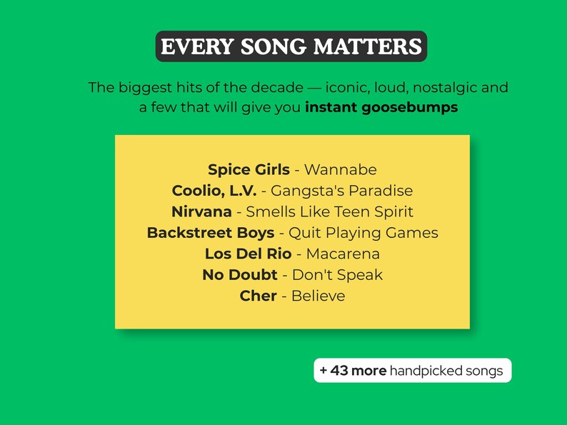 Puede incluir: Fondo verde con el texto "EVERY SONG MATTERS". Un rect&aacute;ngulo amarillo enumera t&iacute;tulos de canciones como "Spice Girls - Wannabe" y "Nirvana - Smells Like Teen Spirit". El texto "+ 43 more handpicked songs" est&aacute; en la parte inferior.