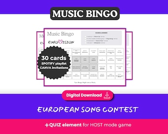 Bingo musicale EUROVISION: 30 cartelle stampabili, gioco per feste a tema concorso musicale europeo, playlist Spotify, download immediato.