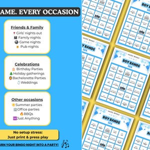 May include: A digital music bingo game set titled Boy Bands Era, featuring multiple printable bingo cards with blue and white geometric accents. The layout includes text sections for various occasions, event types, and instructions to print and play.