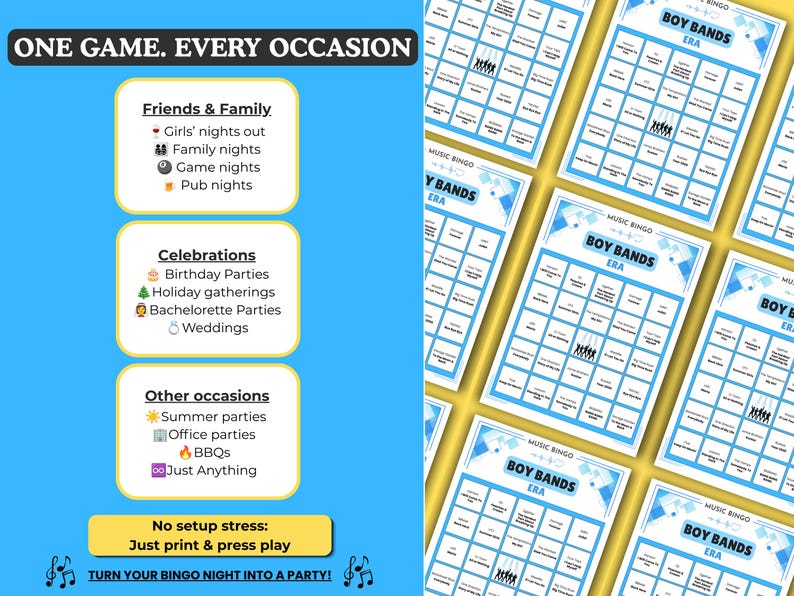 May include: A digital music bingo game set titled Boy Bands Era, featuring multiple printable bingo cards with blue and white geometric accents. The layout includes text sections for various occasions, event types, and instructions to print and play.