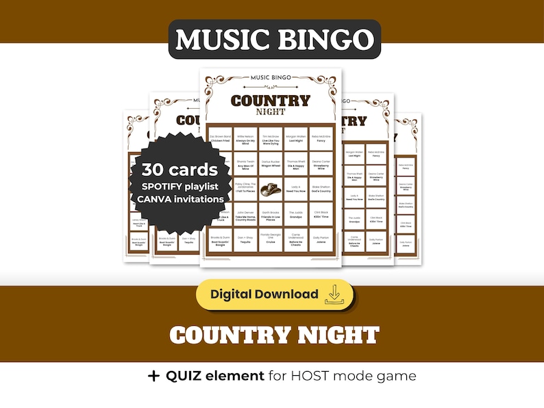 COUNTRY Music Bingo, 30 Printable Cards, Country Night Party Game, Bar Night, Birthday Party, Spotify Playlist, Instant Download image 1