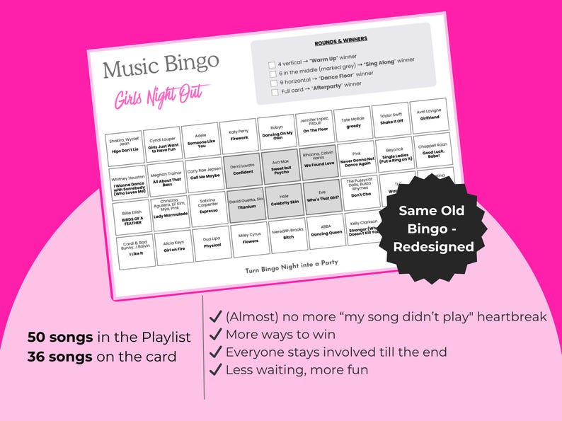 Puede incluir: Una tarjeta blanca de Music Bingo con fondo rosa, con t&iacute;tulos de canciones y el texto "Girls Night Out". La tarjeta incluye un sello "Same Old Bingo - Redesigned" y vi&ntilde;etas que resaltan las caracter&iacute;sticas.