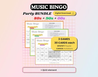 Pacchetto di giochi di bingo musicale anni '80, '90 e 2000 / Gioco nostalgico 3 in 1 (download digitale)
