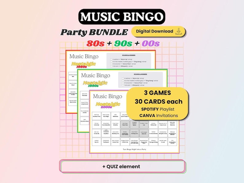 May include: A digital download party bundle featuring Music Bingo games for the 80s, 90s, and 00s. The bundle includes three games with 30 cards each, Spotify playlists, and Canva invitations. The image has text that says "Music Bingo" and "Party Bundle".