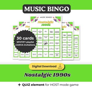 Op de afbeelding: Een stapel muziekbingokaarten met een groen en wit ontwerp. De kaarten zijn voorzien van het label "Nostalgic 1990s" en bevatten de tekst "30 kaarten, Spotify-afspeellijst, Canva-uitnodigingen". De woorden "Music Bingo" staan bovenaan.