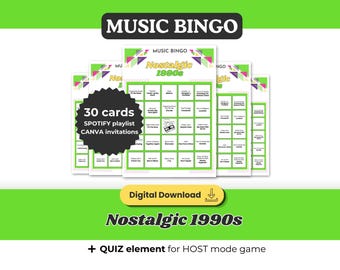 90s Nostalgic Hits Music Bingo Standard, Printable Game 30 Cards, Spotify Playlist, Digital Download for Friends Party and Family Reunion