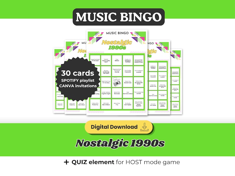 Op de afbeelding: Een stapel muziekbingokaarten met een groen en wit ontwerp. De kaarten zijn voorzien van het label "Nostalgic 1990s" en bevatten de tekst "30 kaarten, Spotify-afspeellijst, Canva-uitnodigingen". De woorden "Music Bingo" staan bovenaan.