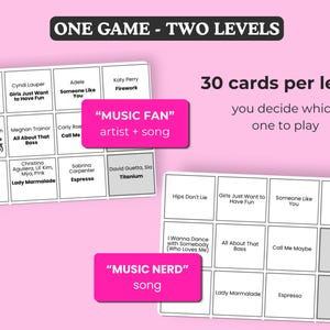 Puede incluir: Un juego rosa y blanco con dos niveles, "Music Fan" y "Music Nerd". Cada nivel tiene 30 cartas con artistas y t&iacute;tulos de canciones como "Hips Don't Lie" y "Firework".