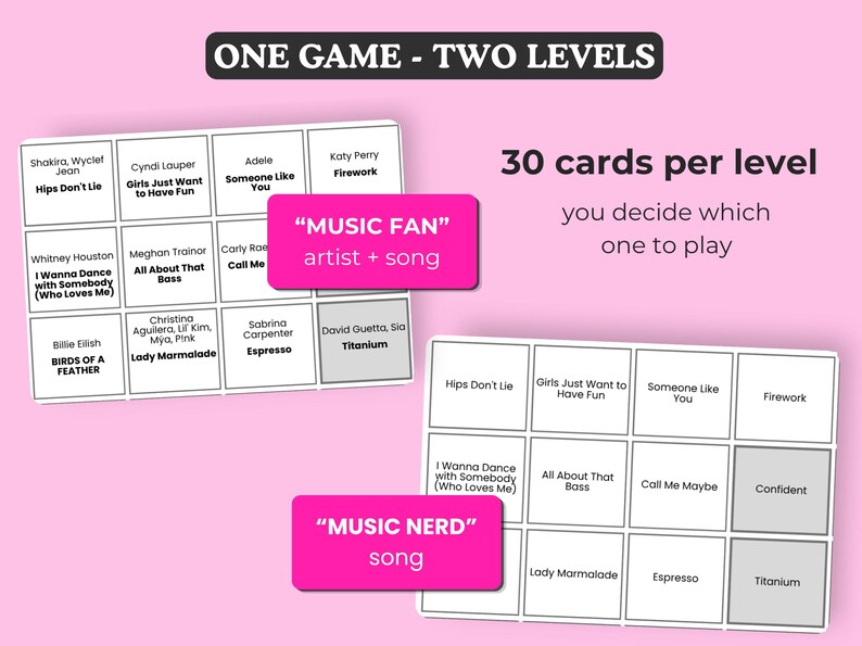 Puede incluir: Un juego rosa y blanco con dos niveles, "Music Fan" y "Music Nerd". Cada nivel tiene 30 cartas con artistas y t&iacute;tulos de canciones como "Hips Don't Lie" y "Firework".