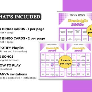 Może przedstawiać: Fioletowo-biały zestaw do gry w Music Bingo z motywem "Nostalgic 2000s". Zestaw zawiera 30 kart do bingo, listę odtwarzania Spotify, 50 piosenek, instrukcje i zaproszenia Canva. Karty do bingo są przeznaczone na jedną lub dwie karty na stronę.