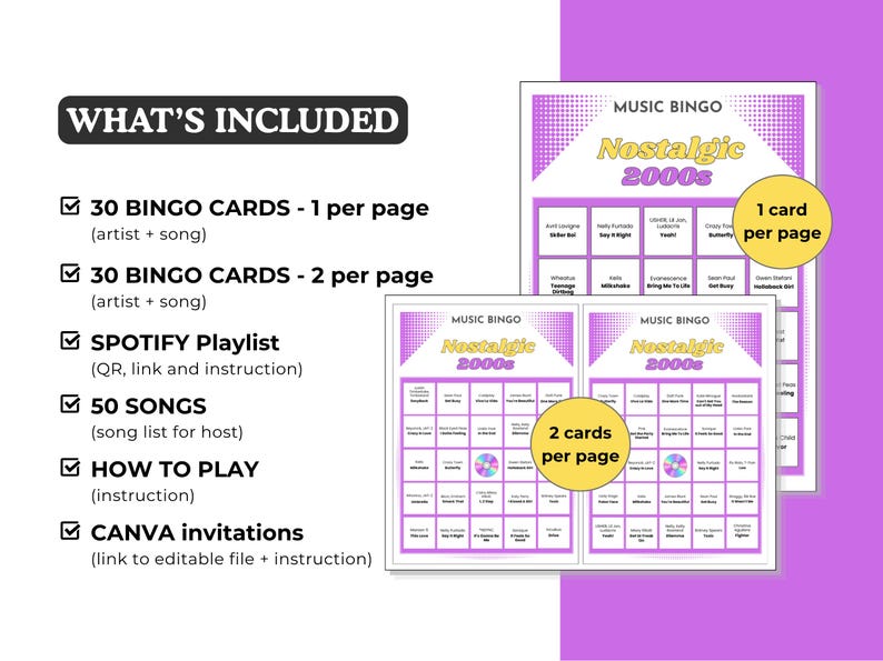 Może przedstawiać: Fioletowo-biały zestaw do gry w Music Bingo z motywem "Nostalgic 2000s". Zestaw zawiera 30 kart do bingo, listę odtwarzania Spotify, 50 piosenek, instrukcje i zaproszenia Canva. Karty do bingo są przeznaczone na jedną lub dwie karty na stronę.