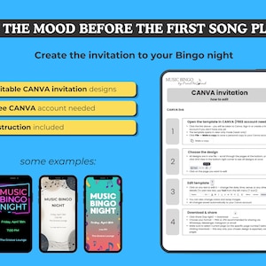 May include: A digital graphic featuring the text SET THE MOOD BEFORE THE FIRST SONG PLAYS and Create the invitation to your Bingo night. It includes yellow buttons labeled Editable CANVA invitation designs, Free CANVA account needed, and Instruction included, alongside three smartphone mockups showing Music Bingo Night designs and a step-by-step guide for editing the Canva template.