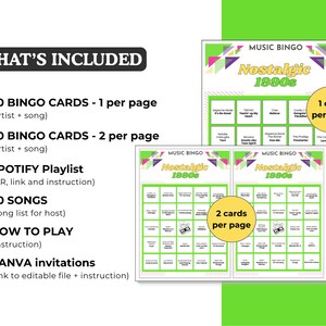 Op de afbeelding: Een groen en wit Music Bingo-spel met de tekst "Nostalgic 1990s". De afbeelding toont bingokaarten, met opties voor 1 of 2 kaarten per pagina. Het spel bevat 30 bingokaarten, een Spotify-afspeellijst en 50 nummers.