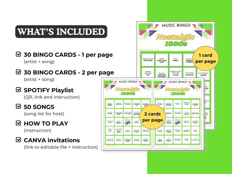 Op de afbeelding: Een groen en wit Music Bingo-spel met de tekst "Nostalgic 1990s". De afbeelding toont bingokaarten, met opties voor 1 of 2 kaarten per pagina. Het spel bevat 30 bingokaarten, een Spotify-afspeellijst en 50 nummers.