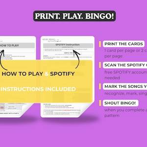 Może przedstawiać: Fioletowe tło z białymi kartami i ż&oacute;łtym tekstem. Karty zawierają instrukcje do gry w muzyczne bingo. Tekst zawiera "Print. Play. Bingo!" i "How to Play & Spotify Instructions Included."
