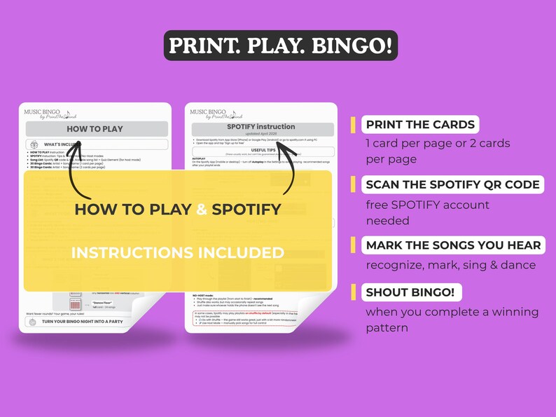 Może przedstawiać: Fioletowe tło z białymi kartami i ż&oacute;łtym tekstem. Karty zawierają instrukcje do gry w muzyczne bingo. Tekst zawiera "Print. Play. Bingo!" i "How to Play & Spotify Instructions Included."