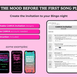 Puede incluir: Gr&aacute;fico rosa con el texto "SET THE MOOD BEFORE THE FIRST SONG PLAYS" y "Crea la invitaci&oacute;n a tu noche de Bingo". Incluye instrucciones para crear una invitaci&oacute;n de Canva. Se muestran ejemplos de invitaciones de noche de Bingo en tel&eacute;fonos inteligentes.