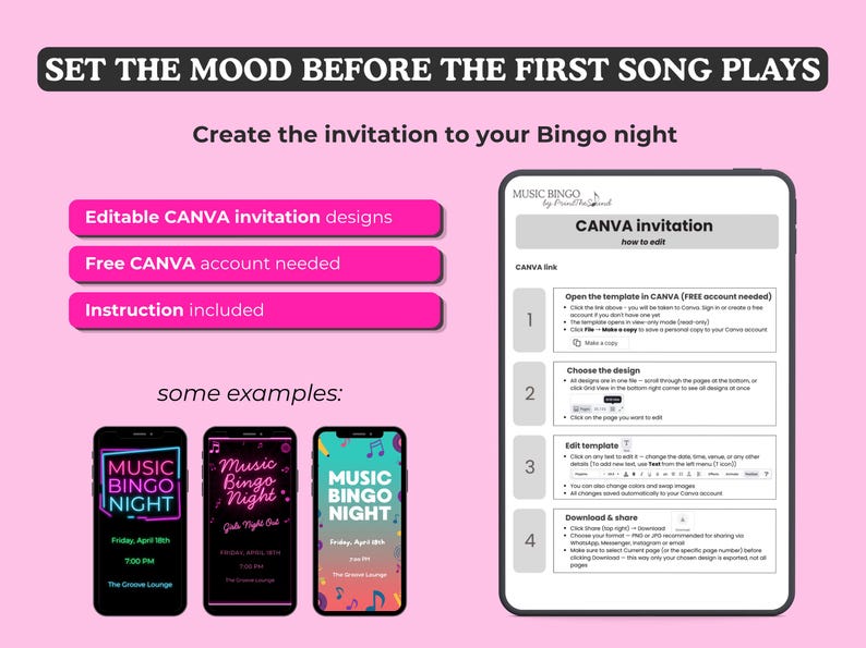 Puede incluir: Gr&aacute;fico rosa con el texto "SET THE MOOD BEFORE THE FIRST SONG PLAYS" y "Crea la invitaci&oacute;n a tu noche de Bingo". Incluye instrucciones para crear una invitaci&oacute;n de Canva. Se muestran ejemplos de invitaciones de noche de Bingo en tel&eacute;fonos inteligentes.