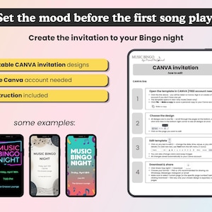 May include: Image promoting Canva invitation designs for a Music Bingo Night. The image includes examples of phone invitations, instructions, and the text "Set the mood before the first song plays."