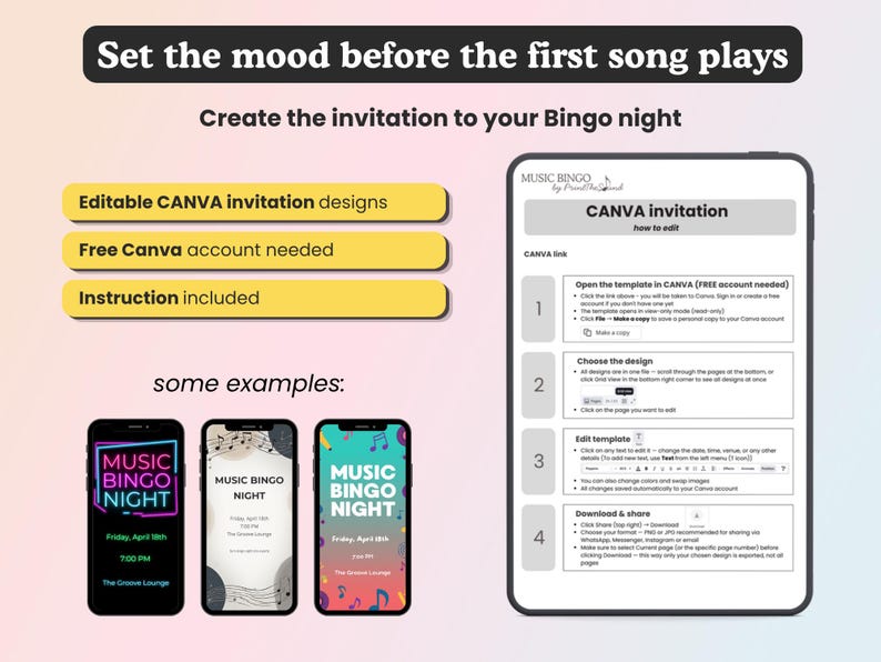 May include: Image promoting Canva invitation designs for a Music Bingo Night. The image includes examples of phone invitations, instructions, and the text "Set the mood before the first song plays."