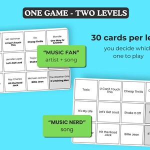 May include: A game with two levels, "Music Fan" and "Music Nerd", each with 30 cards. The cards feature artist and song titles like "Toxic" by Britney Spears and "Billie Jean" by Michael Jackson. The text "ONE GAME - TWO LEVELS" is at the top.