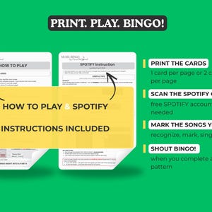 Puede incluir: Un fondo verde con el texto "PRINT. PLAY. BINGO!". La imagen incluye instrucciones para un juego de bingo musical, con detalles sobre c&oacute;mo jugar, instrucciones de Spotify y un c&oacute;digo QR. Tambi&eacute;n est&aacute; presente el texto "HOW TO PLAY & SPOTIFY INSTRUCTIONS INCLUDED".
