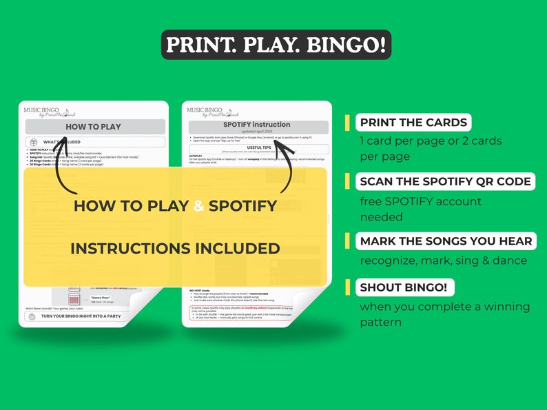 Puede incluir: Un fondo verde con el texto "PRINT. PLAY. BINGO!". La imagen incluye instrucciones para un juego de bingo musical, con detalles sobre c&oacute;mo jugar, instrucciones de Spotify y un c&oacute;digo QR. Tambi&eacute;n est&aacute; presente el texto "HOW TO PLAY & SPOTIFY INSTRUCTIONS INCLUDED".