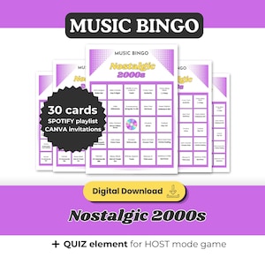 Może przedstawiać: Zestaw kart do bingo muzycznego w fioletowo-białej szacie graficznej. Karty oznaczone są jako "Nostalgic 2000s" i zawierają tekst "30 kart, lista odtwarzania SPOTIFY, zaproszenia CANVA". Obraz zawiera r&oacute;wnież słowa "MUSIC BINGO" i "Pobierz cyfrowo".
