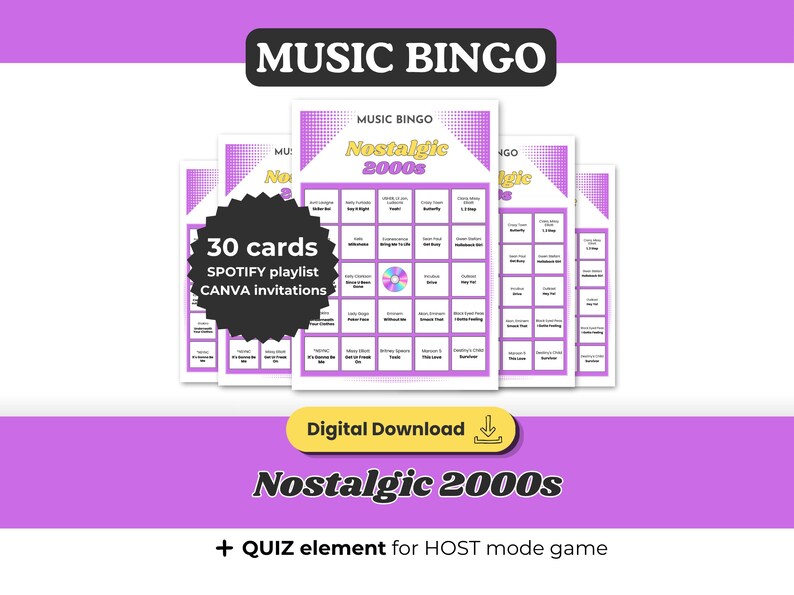 Może przedstawiać: Zestaw kart do bingo muzycznego w fioletowo-białej szacie graficznej. Karty oznaczone są jako "Nostalgic 2000s" i zawierają tekst "30 kart, lista odtwarzania SPOTIFY, zaproszenia CANVA". Obraz zawiera r&oacute;wnież słowa "MUSIC BINGO" i "Pobierz cyfrowo".