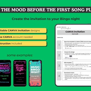 Puede incluir: Un gr&aacute;fico verde con el texto "SET THE MOOD BEFORE THE FIRST SONG PLAYS" y "Create the invitation to your Bingo night". Incluye instrucciones para crear una invitaci&oacute;n CANVA, con ejemplos de pantallas de tel&eacute;fono que muestran invitaciones "MUSIC BINGO NIGHT".
