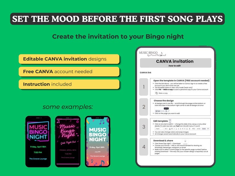 Puede incluir: Un gr&aacute;fico verde con el texto "SET THE MOOD BEFORE THE FIRST SONG PLAYS" y "Create the invitation to your Bingo night". Incluye instrucciones para crear una invitaci&oacute;n CANVA, con ejemplos de pantallas de tel&eacute;fono que muestran invitaciones "MUSIC BINGO NIGHT".