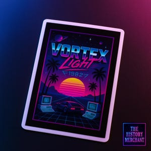 May include: A rectangular print featuring a retro-futuristic scene with the text VORTEX LIGHT 1982. The graphic displays a sunset, palm trees, a sports car, and two vintage computers on a grid landscape against a dark purple and blue sky.