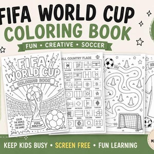 May include: A FIFA World Cup coloring book with the text "FIFA World Cup Coloring Book" and "Fun, Creative, Soccer". The book includes coloring pages and activities for kids ages 4-10. The cover features a soccer ball and the FIFA World Cup trophy.