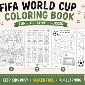 May include: A FIFA World Cup colouring book featuring 12 pages of football-themed activities. The cover displays the title, a trophy, and a football. Interior pages include country flags, a maze, and a jersey design template in black and white.