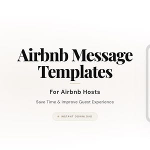 Puede incluir: Gráfico de color claro con el texto "Airbnb Message Templates" en negrita y elegante. Debajo, se lee "For Airbnb Hosts" y "Save Time & Improve Guest Experience". Un contorno de smartphone está a la derecha.