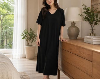 Unisex Modal V-Neck Nightgown: Soft, Breathable Loungewear, Mid-Length Sleep Shirt