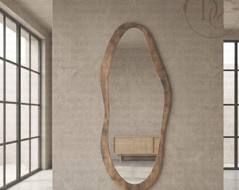 Espejo de cuerpo entero con marco de madera irregular, espejo de cuerpo entero con forma ondulada orgánica, diseño moderno e irregular, espejo de pie.