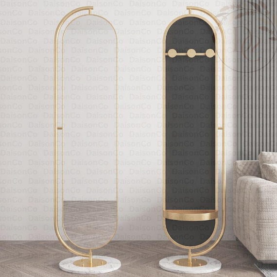 Full Length Metal Frame Mirror with Shelf and Hooks, Black And Golden Aluminum Frame, Modern Bedroom Accent,